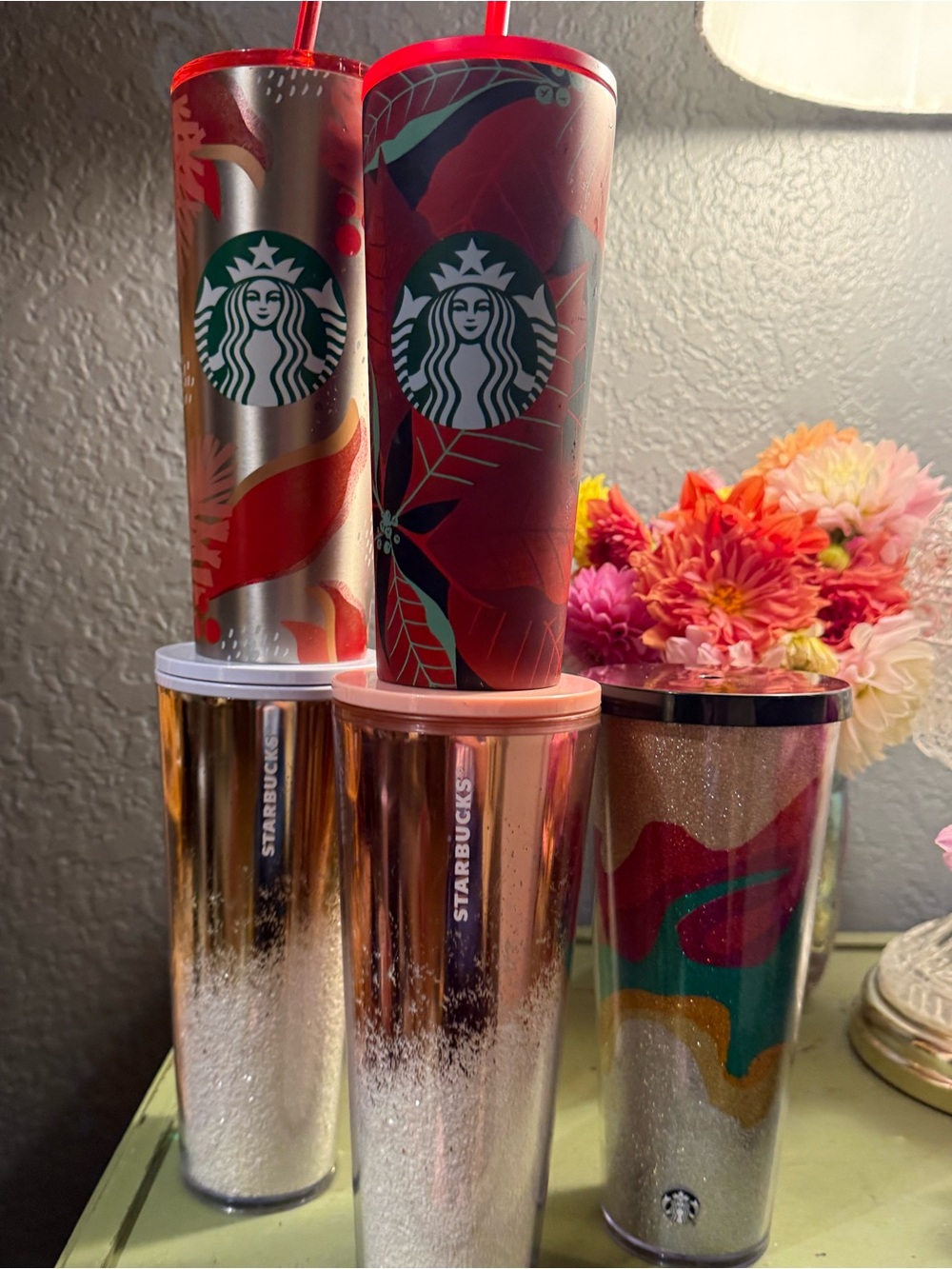 5 STARBUCKS CHRISTMAS TUMBLERS-NWOTS OR LIKE NEW, 4 Venti, 2 steel